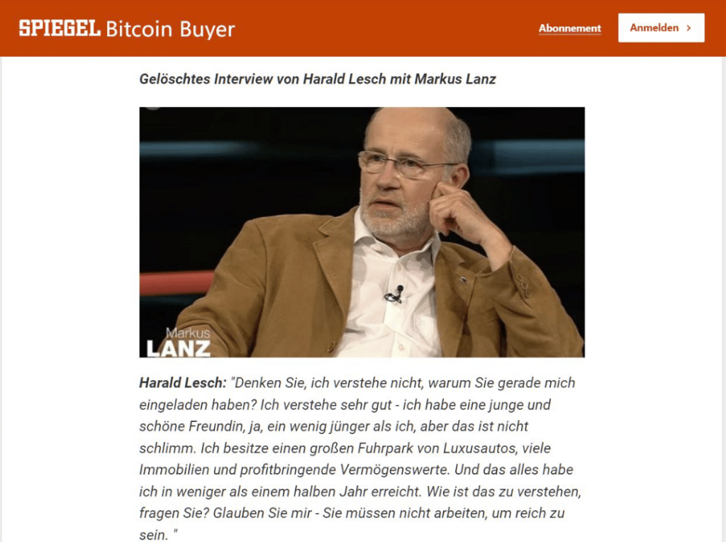 Falscher Lesch entlarvt: Bitcoin-Betrug im Netz – mimikama.org Screenshot der gefälschten Webseite