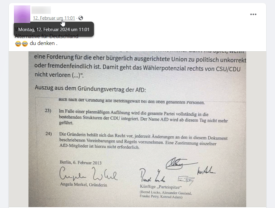 Merkels angebliche AfD-Gründung: Satire entlarvt – mimikama.org Screenshot Facebook vom 12.02.2024