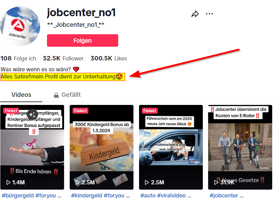 Nein, Ukrainer bekommen keinen einmaligen Bonus von 500 Euro – mimikama.org Screenshot TikTok des Satire-Accounts und Urheber der Behauptung