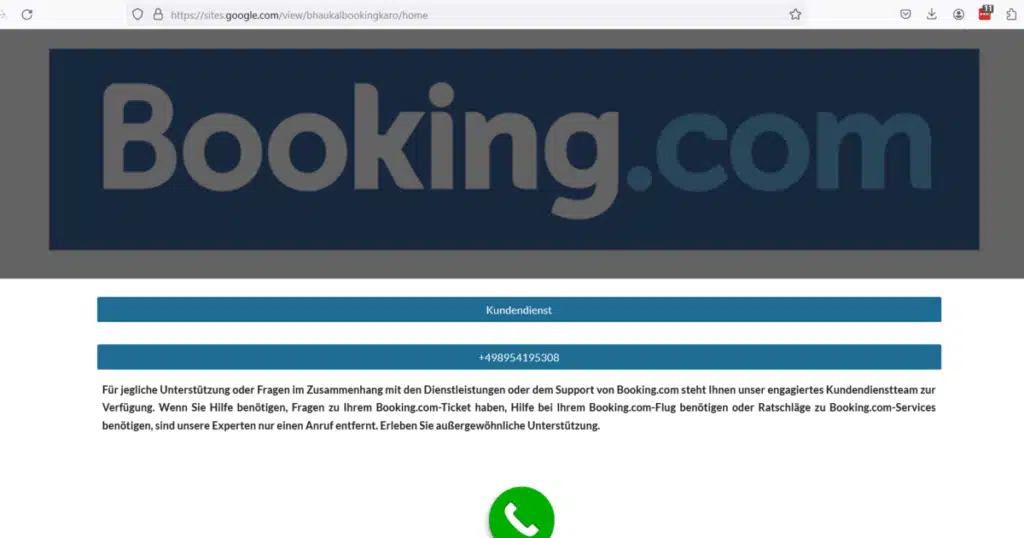 Screenshot einer falschen Webseite von "booking.com" zu Demonstrationszwecken - bitte die Nummer NICHT anrufen!