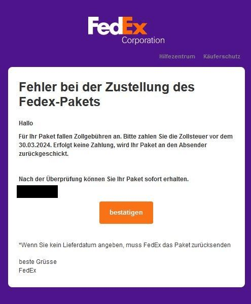 Screenshot of a fraudulent email from “FedEx”