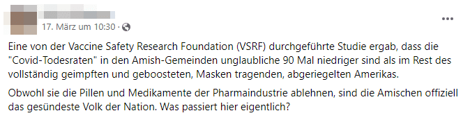 Amische und COVID-19: Faktencheck widerlegt Mythen – mimikama.org Screenshot Facebook
