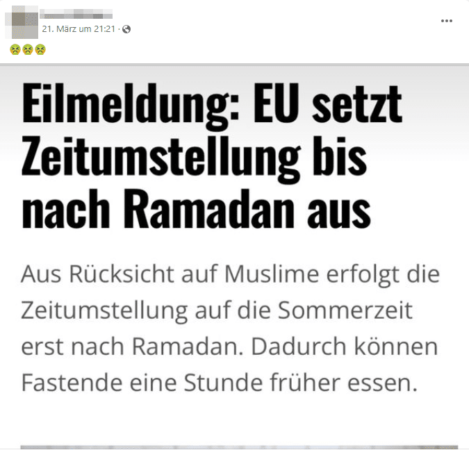 Zeitumstellung und Ramadan: Satire oder Wahrheit? – mimikama.org Screenshot Facebook