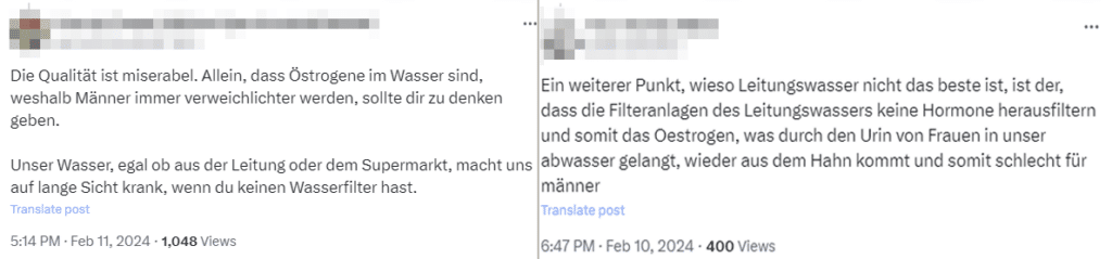 Leitungswasser und Östrogen im Faktencheck – mimikama.org Screenshots auf X (Twitter)