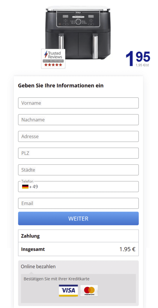 Ninja Foodi Air Fryer um 1,95 Euro von Action? Nonsens! – mimikama.org Screenshot Dateneingabe auf unseriöser Webseite