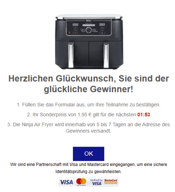 Ninja Foodi Air Fryer um 1,95 Euro von Action? Nonsens! – mimikama.org Screenshot der gefälschten Webseite
