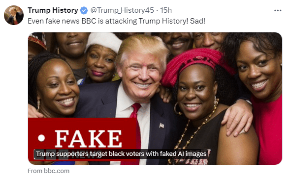 Trump-Unterstützer setzen auf KI-Fakes – mimikama.org Screenshot X / Trump History