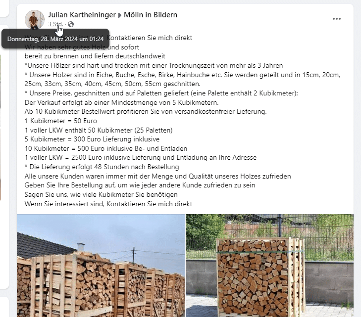 Beware of firewood scams on Facebook - screenshot from social media