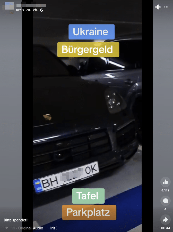 Luxusautos und Flüchtlinge: Die Sache mit dem Neid – mimikama.org Screenshot Facebook-Reel