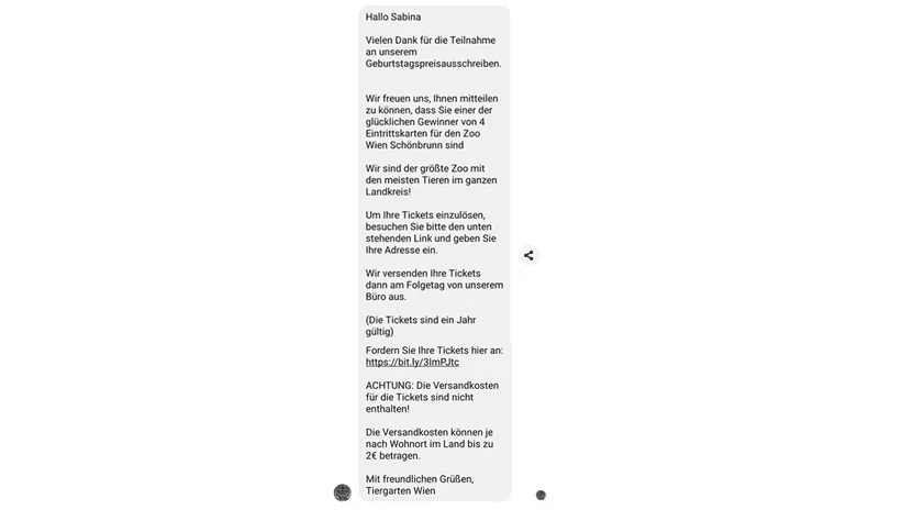 Tiergarten Schönbrunn Fake-Gewinnspiel: Abo-Falle statt Freizeitspaß – mimikama.org Benachrichtigung im Facebook-Messenger (Screenshot Watchlist Internet)