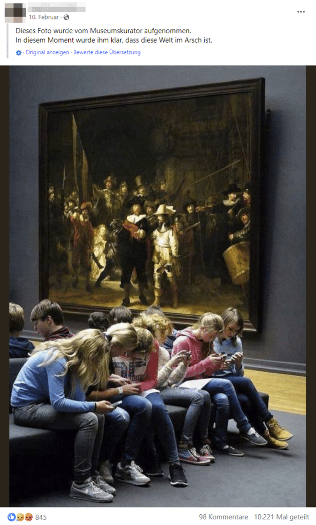 Smartphones im Rijksmuseum: Kulturkiller oder doch Bildungstool? – mimikama.org Screenshot Facebook
