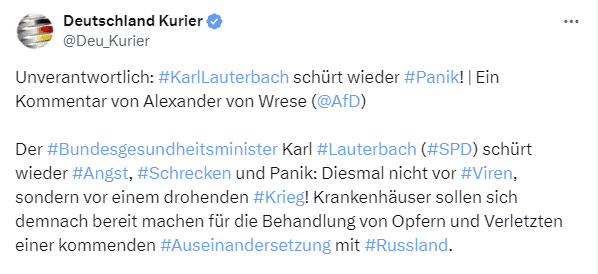 Lauterbachs Gesetz: Kriegsvorbereitung oder kluge Vorsorge? – mimikama.org Screenshot X (Twitter)