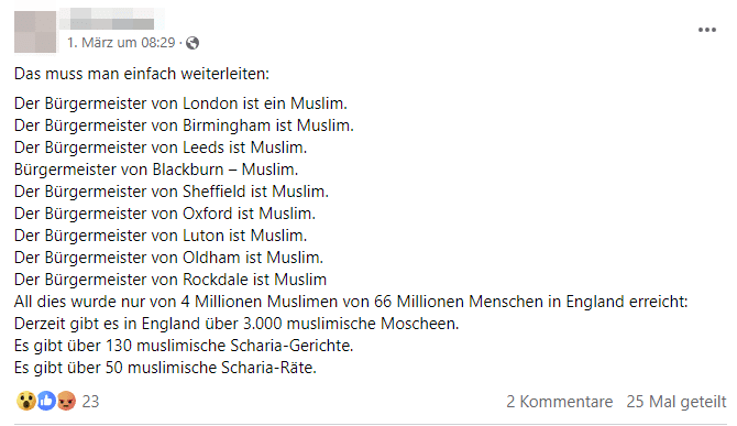 Großbritanniens 'muslimische Invasion': Fakten gegen Fiktion – mimikama.org Screenshot Facebook-Beitrag