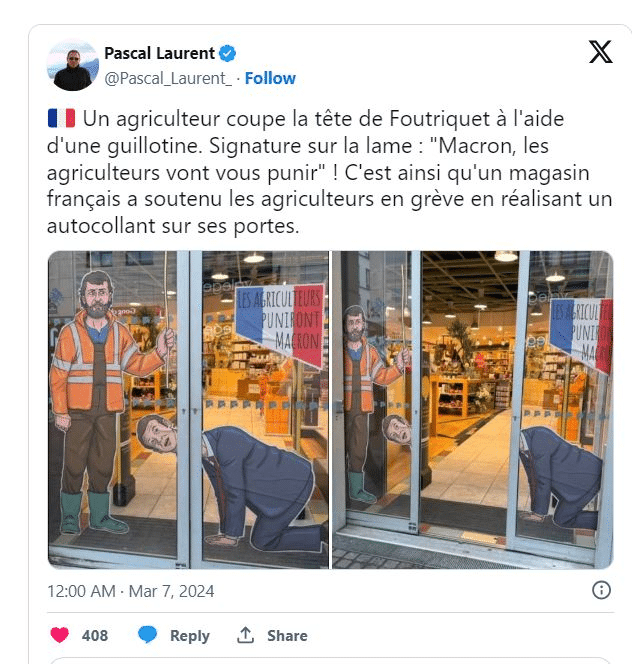 Falsche Graffitis als Desinformationsfalle – mimikama.org Emmanuell Macron - Aufkleber an Supermarkt