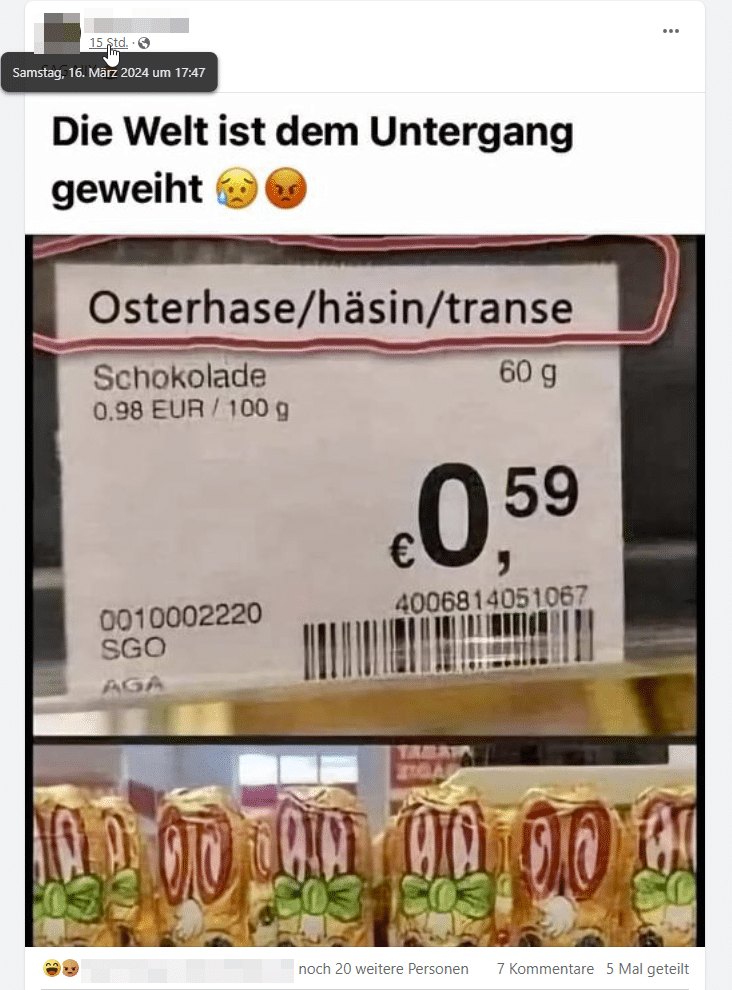 Osterhasen-Preisschild: Ein Fall von Manipulation und Ignoranz – mimikama.org Screenshot Facebook