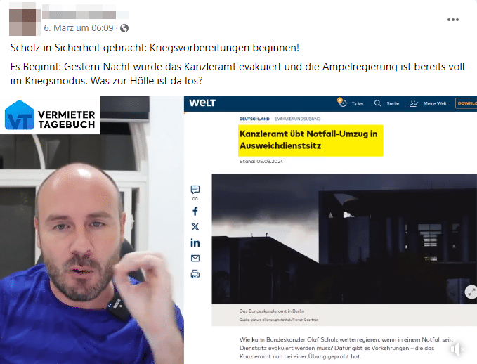Kriegsmodus im Kanzleramt? Die Wahrheit hinter der Evakuierungsübung – mimikama.org Screenshot Facebook