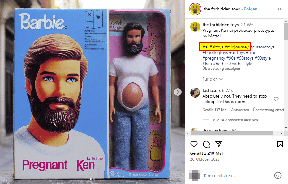 Schwangerer Ken: KI-Phantasie für echt gehalten – mimikama.org Screenshot Instagram / the.forbidden.toys