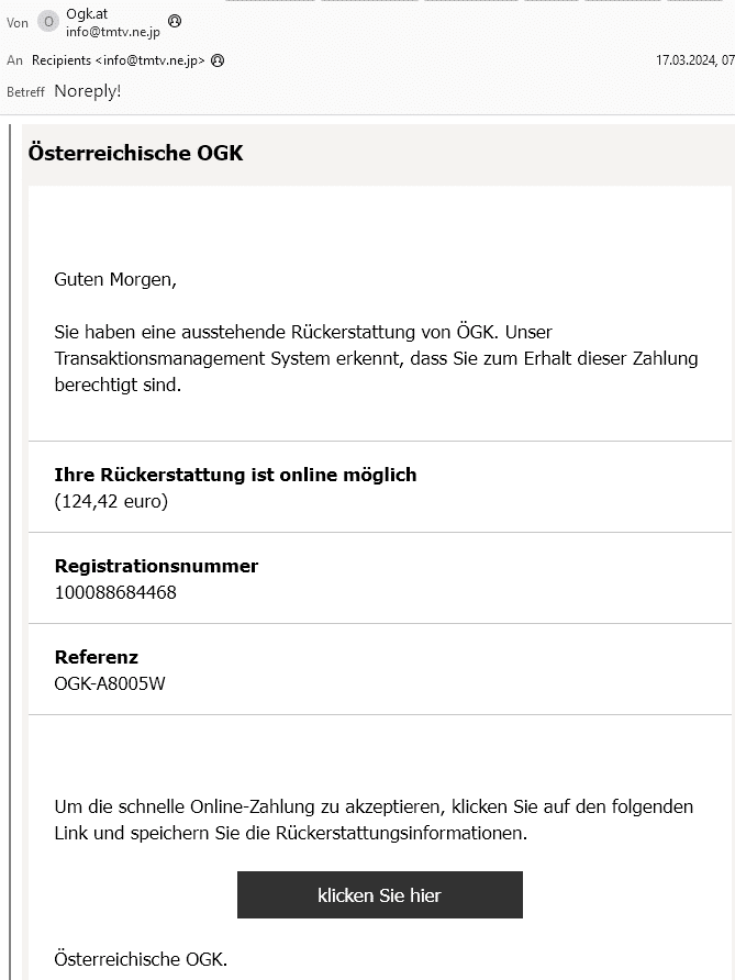 Österreichische Gesundheitskasse: Warnung vor Phishing – mimikama.org Screenshot der Phishing-Mail