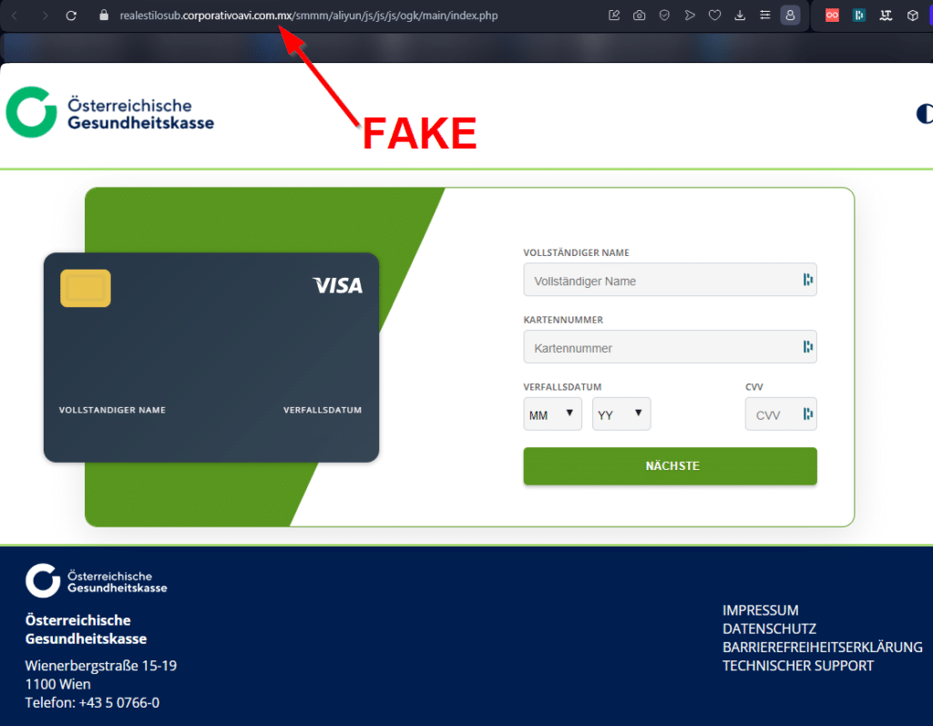 Österreichische Gesundheitskasse: Warnung vor Phishing – mimikama.org Screenshot der falschen Webseite