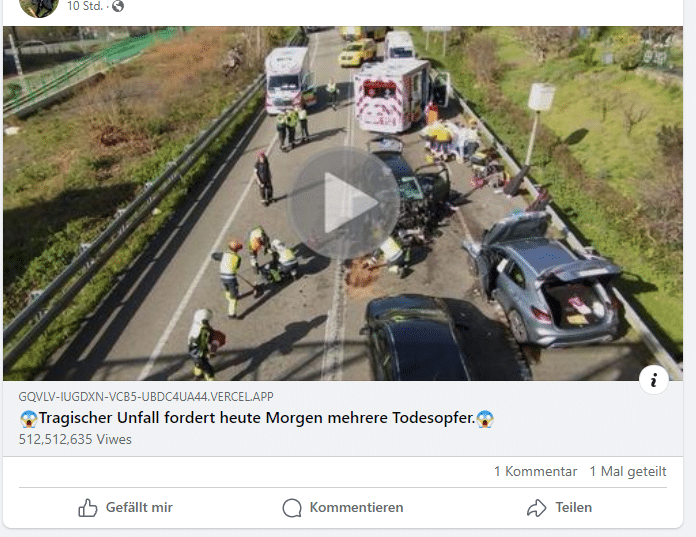 Screenshot eines Fake-Unfallvideos auf Facebook