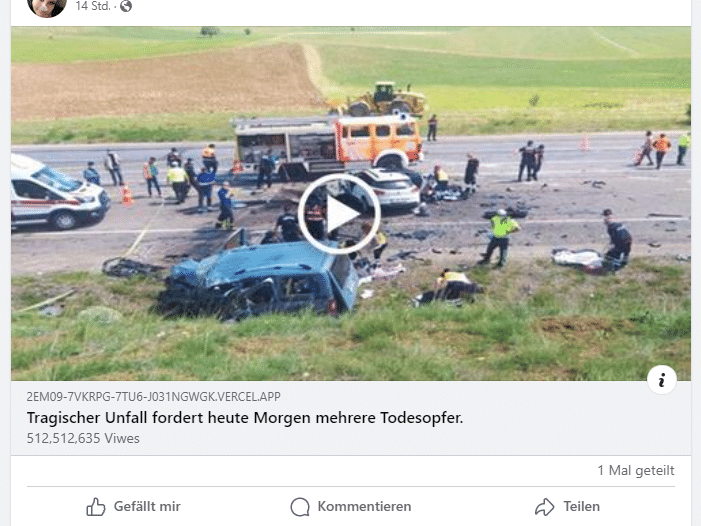 Screenshot of a fake accident video on Facebook