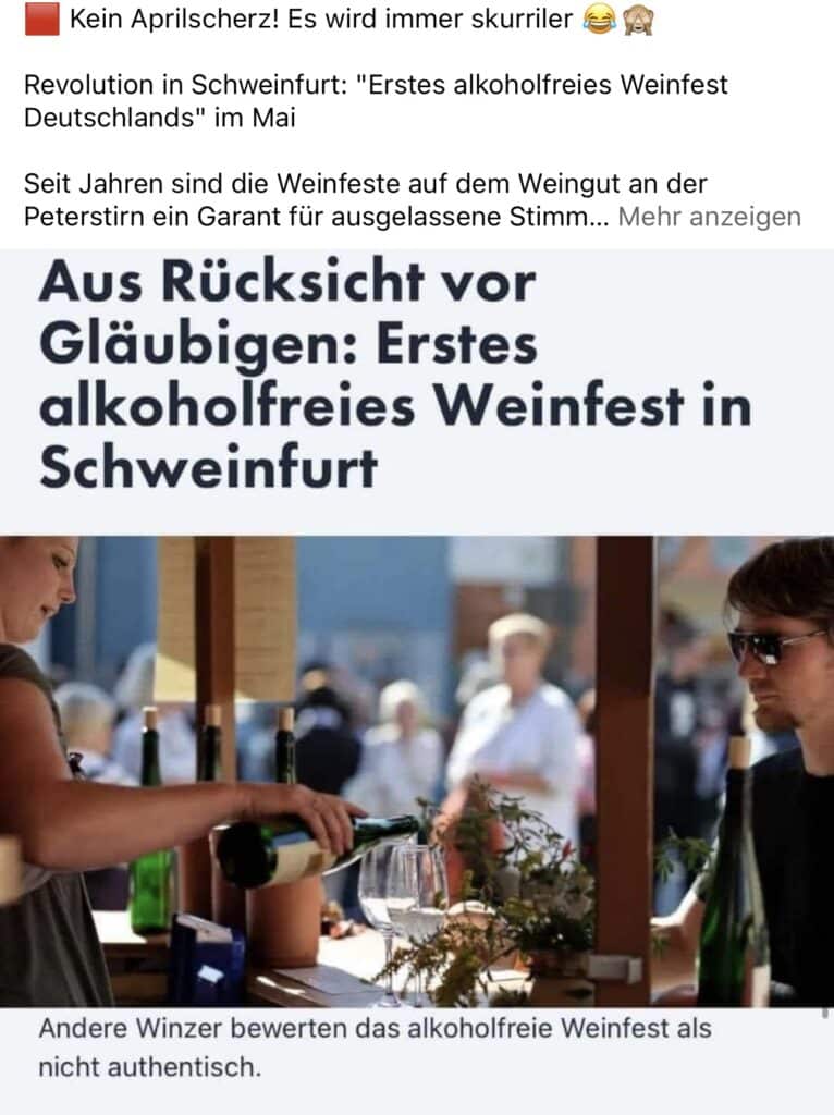 Alkoholfreies Weinfest aus Glaubensgründen? – mimikama.org Alkoholfreies Weinfest aus Glaubensgründen? - Screenshot aus den sozialen Medien