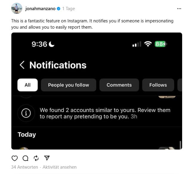 Instagrams neuer Aufpasser: Schutz vor Account-Imitationen – mimikama.org Screenshot einer Benachrichtigung auf Threads