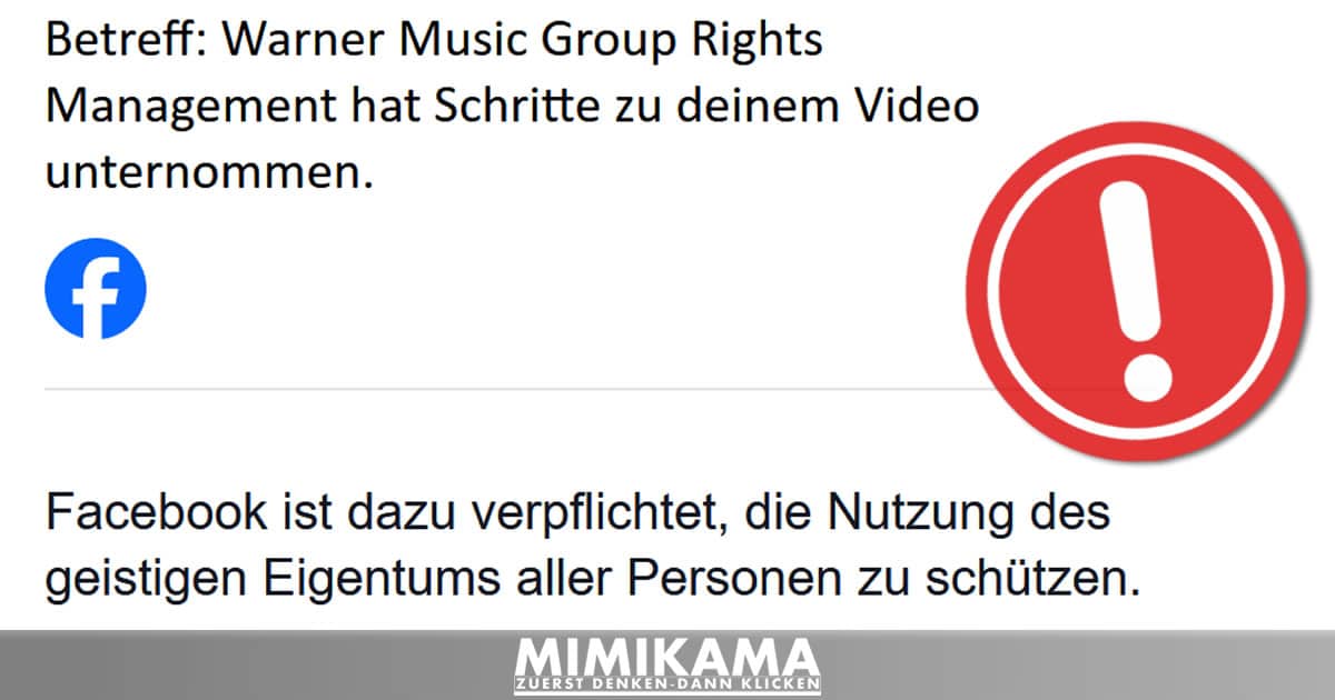 Facebook-Mail mit "Warner Music Group Rights Management hat Schritte zu deinem Video unternommen."