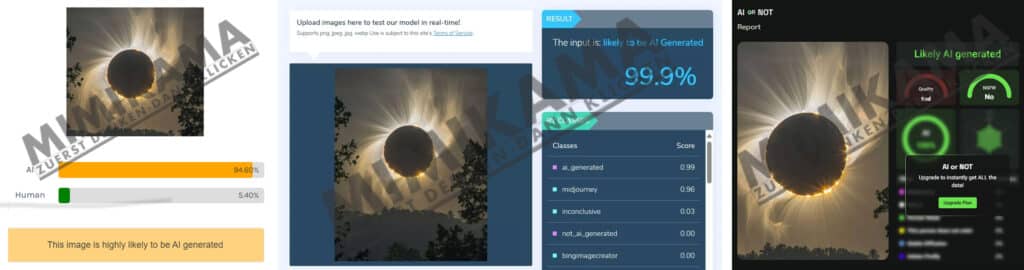 Das „beste Foto der totalen Sonnenfinsternis 2024“ wurde von einer KI erstellt! – mimikama.org Screenshots der Ergebnisse aus KI-Tools / Mimikama