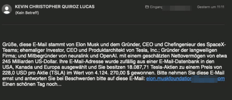 Screenshot der Fake Mail: Elon Musk versendet keine E-Mail mit Millionenversprechen