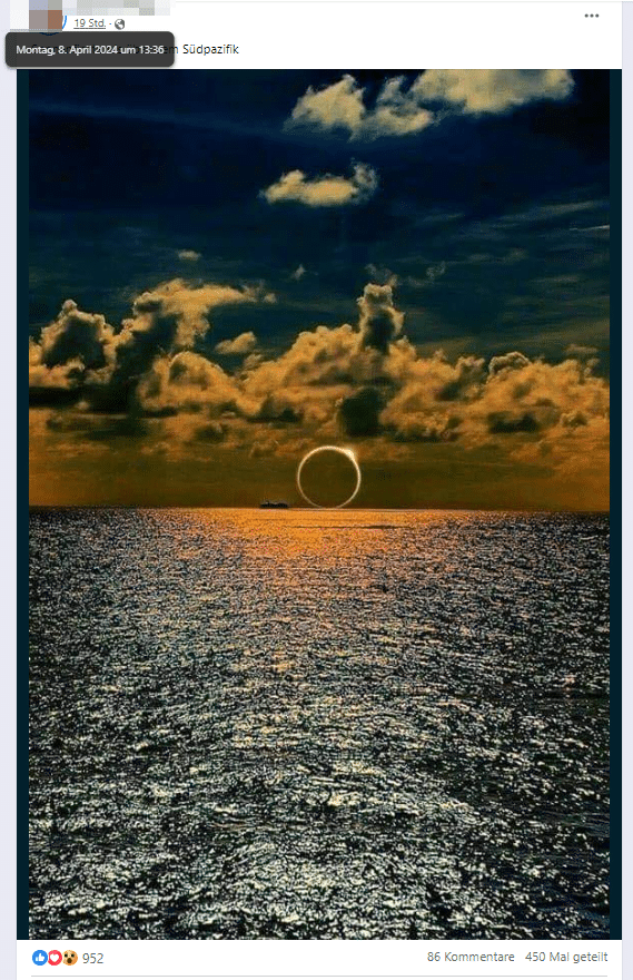 Sonnenfinsternis 2024: Faszination und Fälschungen – mimikama.org Screenshot Facebook "Sonnenfinsternis über dem Südpazifik" vom 8.4.2024