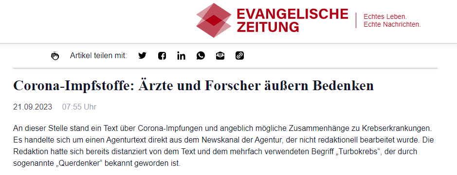 Turbokrebs durch COVID-Impfung: Fakt oder Fiktion? – mimikama.org Screenshot Evangelische Zeitung