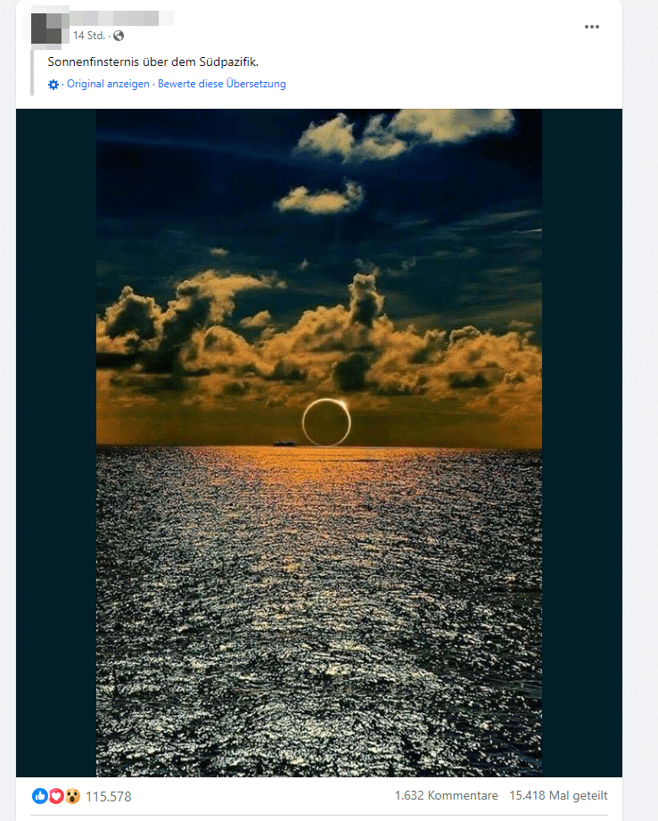Solar Eclipse Over the South Pacific Ocean 2024: Fascination & Fakes – mimikama.org Screenshot Facebook "Solar Eclipse Over the South Pacific Ocean"