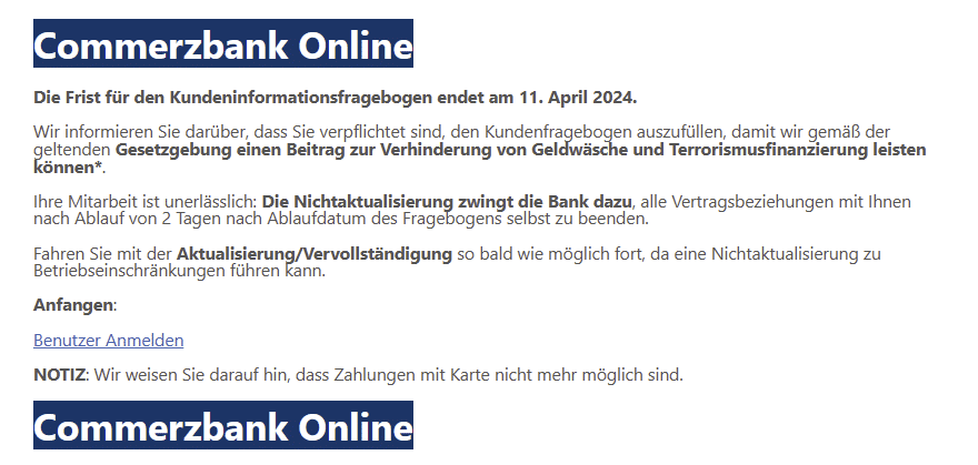 Gefälschte E-Mail im Namen der Commerzbank