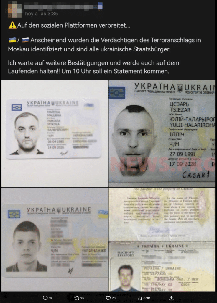 Falsche Spuren: Ukrainische Ausweise und der Moskauer Anschlag – mimikama.org Screenshot X (Twitter)