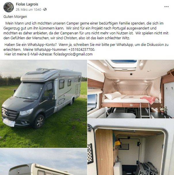 Der Camper-Betrug auf Facebook – mimikama.org Der Camper-Betrug auf Facebook - Screenshot