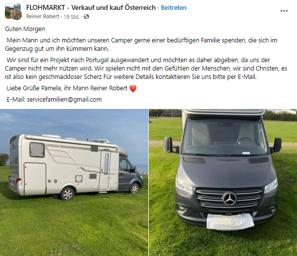 Der Camper-Betrug auf Facebook – mimikama.org Der Camper-Betrug auf Facebook - Screenshot