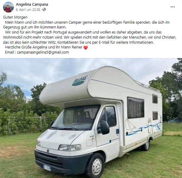 Der Camper-Betrug auf Facebook – mimikama.org Der Camper-Betrug auf Facebook - Screenshot