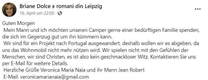 Der Camper-Betrug auf Facebook – mimikama.org Der Camper-Betrug auf Facebook - Screenshot