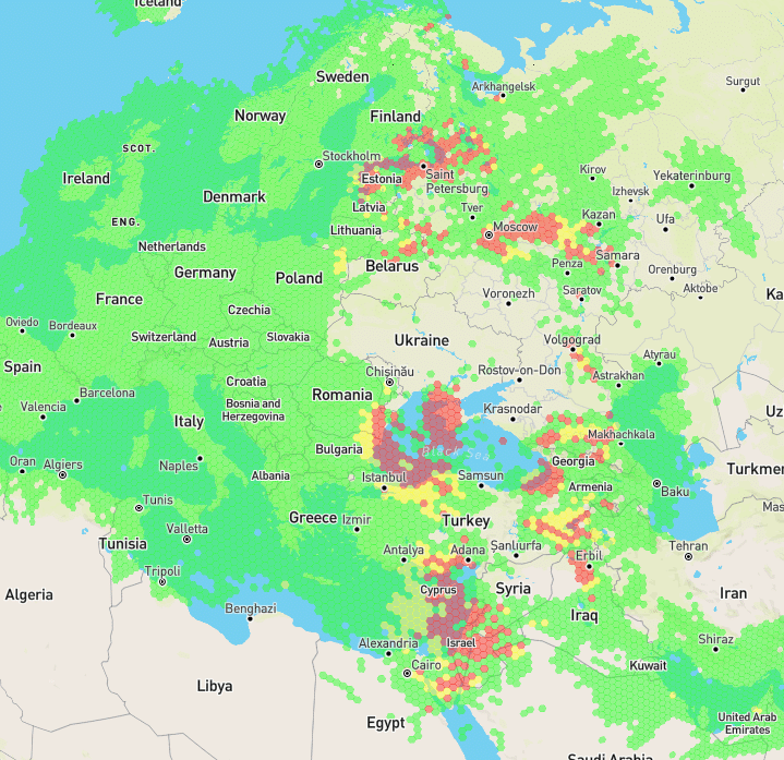 Die aktuelle Lage über Osteuropa nach http://gpsjam.org (Stand: 25.04.2024)