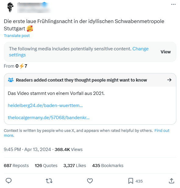 Ist das virale Schlägerei-Video aus Stuttgart wirklich aktuell? – mimikama.org Screenshot des Original-Posts auf X (hier archiviert)