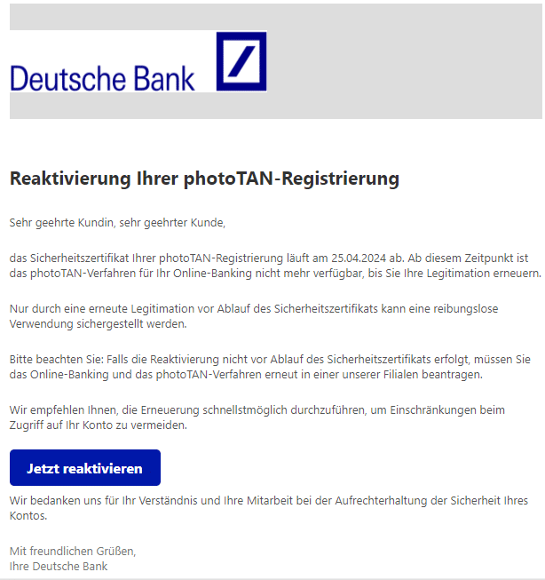 Gefälschte E-Mail der Deutsche Bank