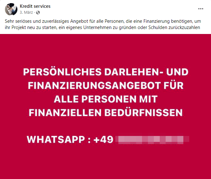 Kreditbetrug im Internet: Vorsicht vor neuen Maschen! – mimikama.org Beispiel für unseriöses Angebot auf Facebook:
