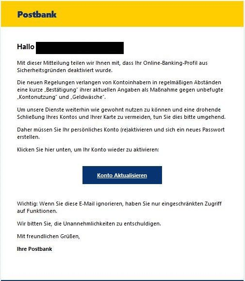 Screenshot der Phishing-Mail von der "Postbank"