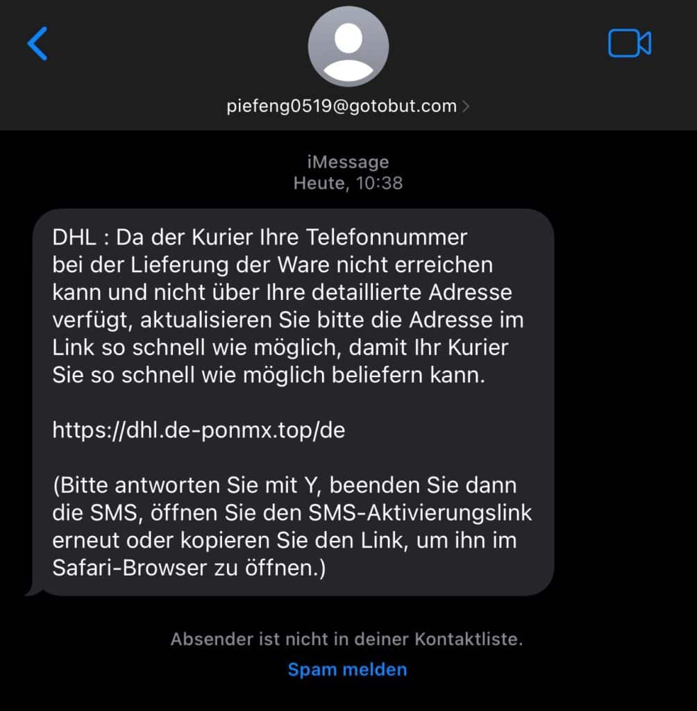 Screenshot einer betrügerischen SMS von "DHL"