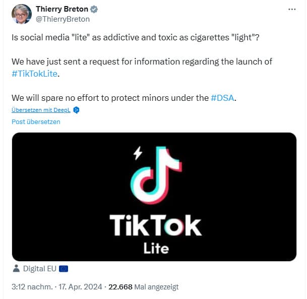Suchtpotenzial von TikTok Lite: EU nimmt App unter die Lupe – mimikama.org Screenhot Post auf X