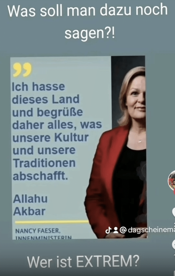 Falsches Zitat: Ministerin Faeser Opfer von Verleumdung – mimikama.org Falsches Zitat: Ministerin Faeser Opfer von Verleumdung - Screenshot der Behauptung aus den sozialen Medien