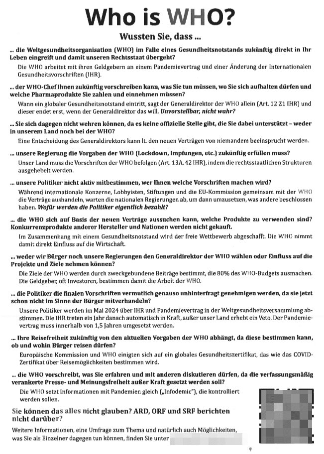 Who is WHO? Faktencheck zu den Behauptungen über die Weltgesundheitsorganisation – mimikama.org Screenshot: Flugblatt "Who is WHO?"