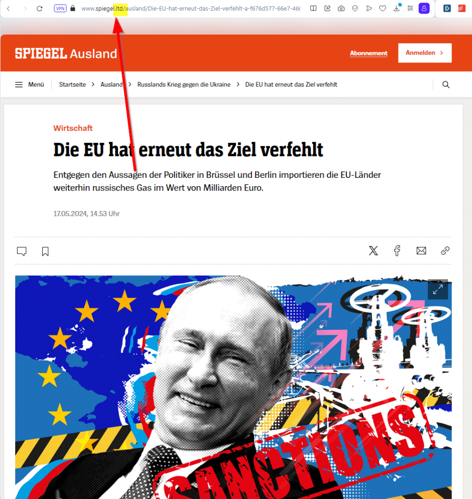 Warnung vor russischer „Doppelgänger“-Kampagne mit gefälschten Zitaten von Prominenten zur Ukrainekrise – mimikama.org Fake-Artikel vom 17.5.2024 mit dem Titel "Die EU hat erneit das Ziel verfehlt"