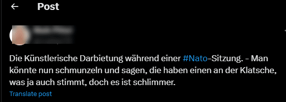 Kunstperformance in Gent hat nichts mit der NATO zu tun – mimikama.org Screenshot der Behauptung auf X (hier archiviert)